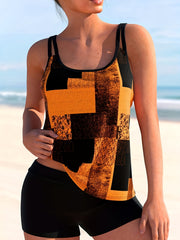 Modest Tankini Set Women's Plus Patchwork Print Round Neck