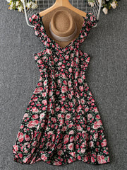 Floral Print Ruffle Trim V Neck Knee Length Dress