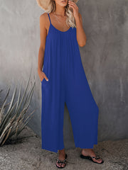 Boho Solid Loose Cami Jumpsuit Casual Crew Neck Wide Leg Mini Strap Jumpsuit