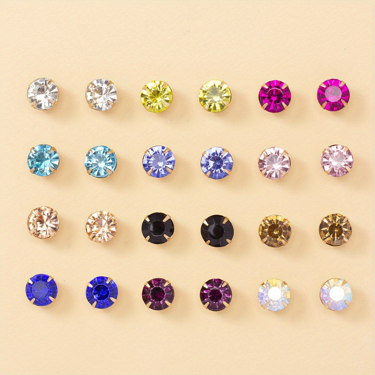 12 Pairs Colorful Rhinestone Stud Earrings Stainless Steel Jewelry