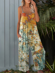 Boho Floral Print Spaghetti Jumpsuit Loose Wide Leg