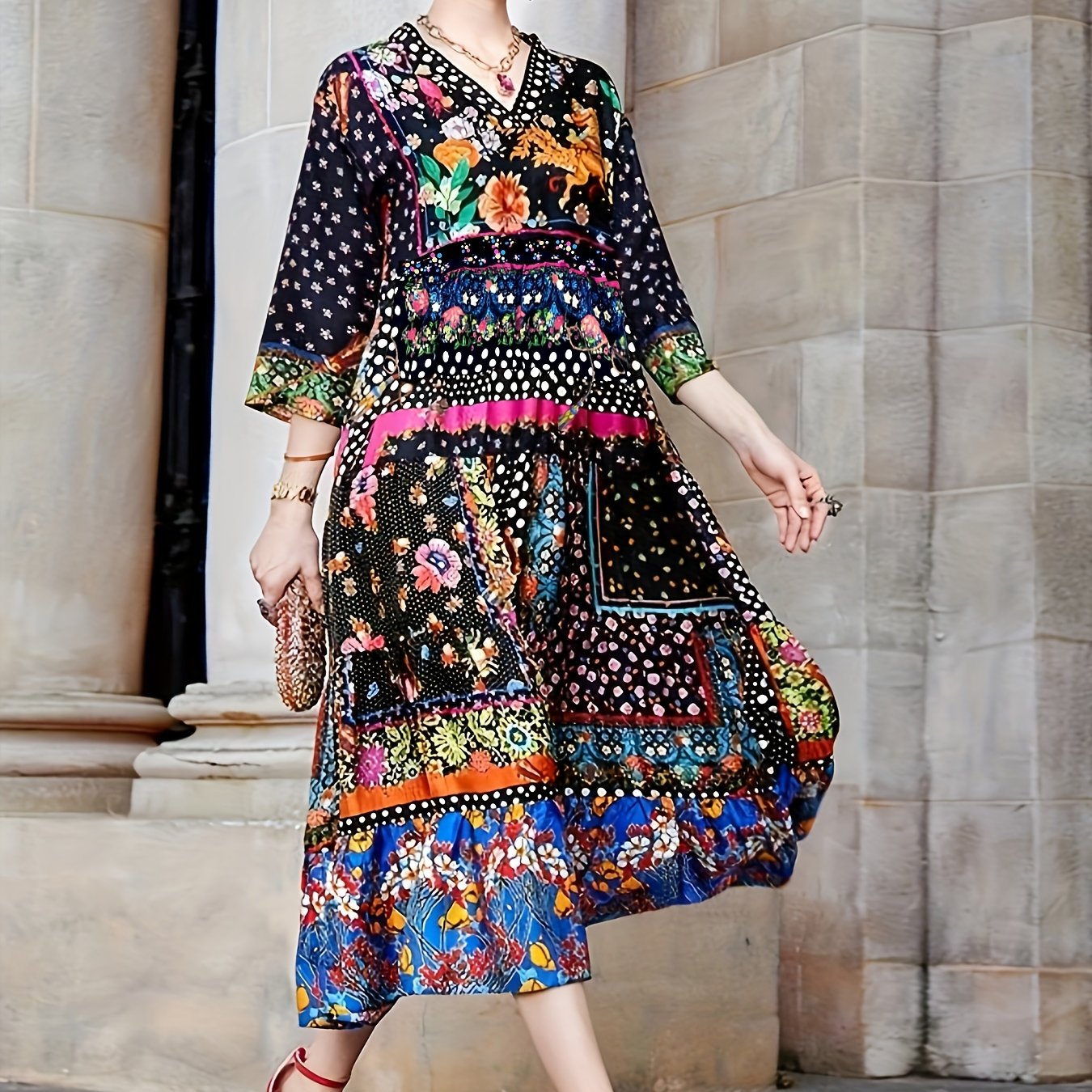 Boho Dress Womens Printed V Neck Midi Dress