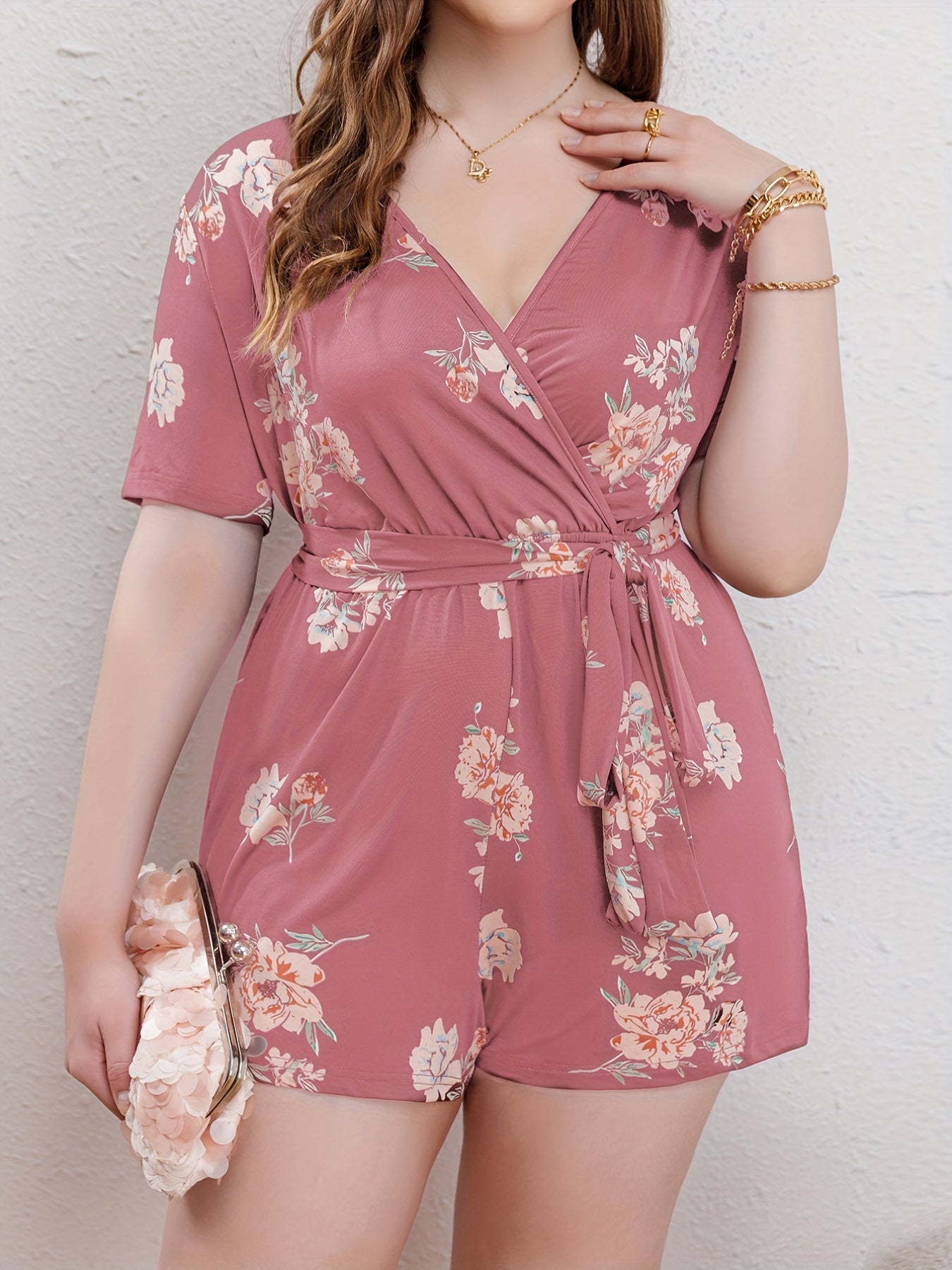 Floral Print Short Sleeve Romper with Belt