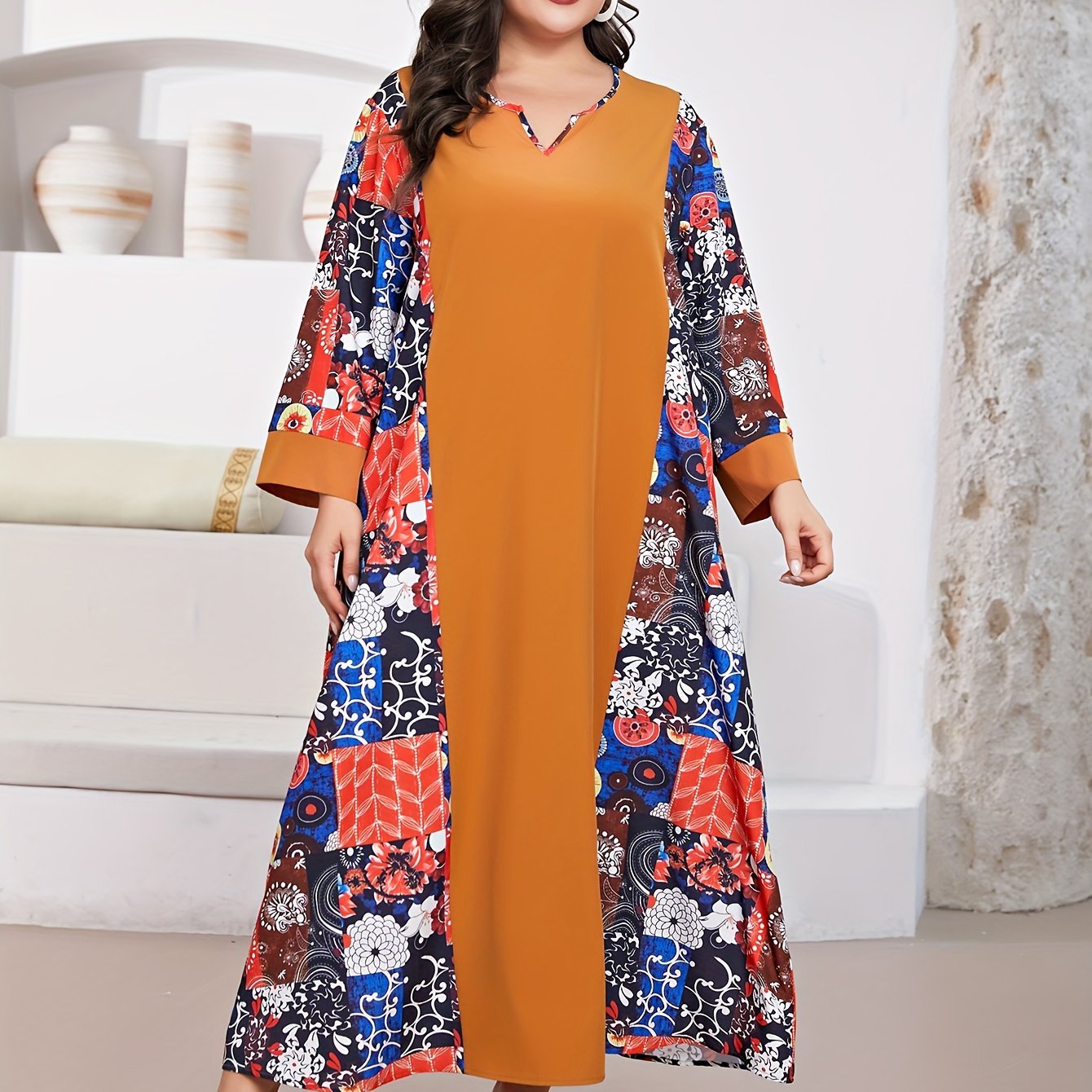 Boho Maxi Dress Floral Print Long Sleeve Notched Neck