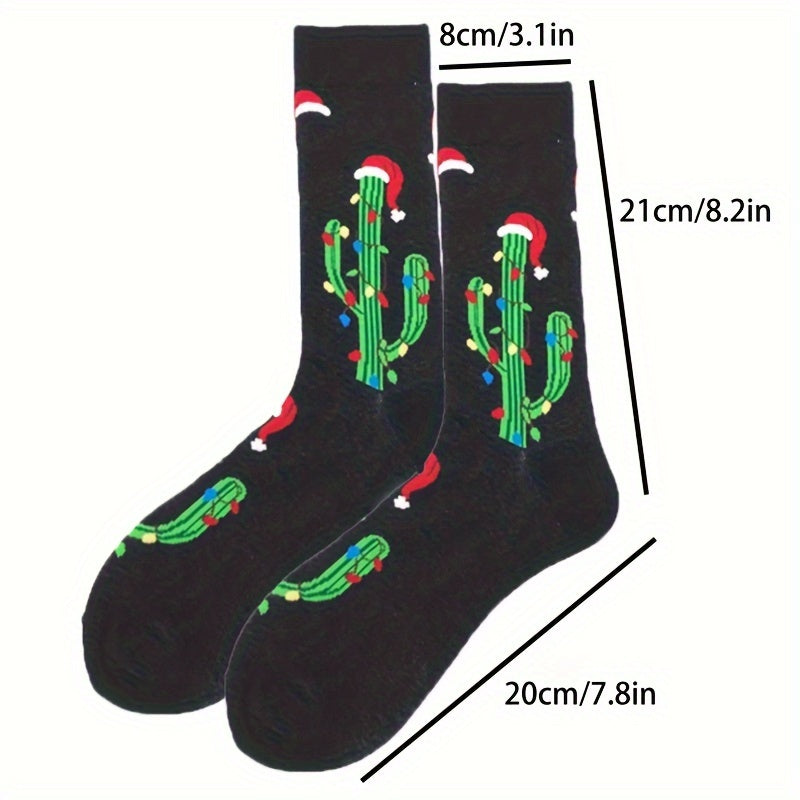 Men's Crew Socks Cactus Christmas Hat Pattern Soft Deodorant
