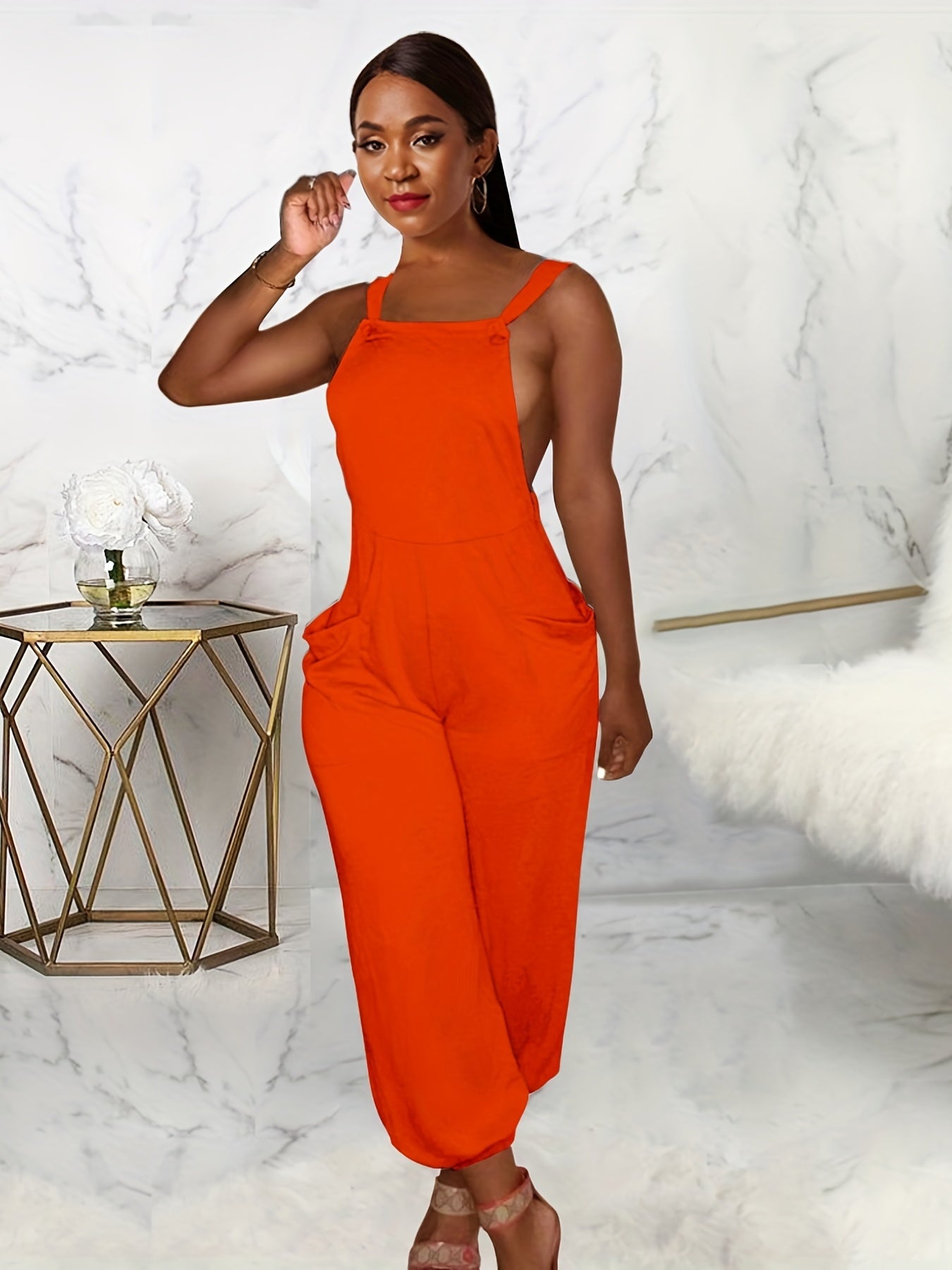 Backless Tie Dual Pockets Jumpsuit Sexy Sleeveless Jumpsuit
