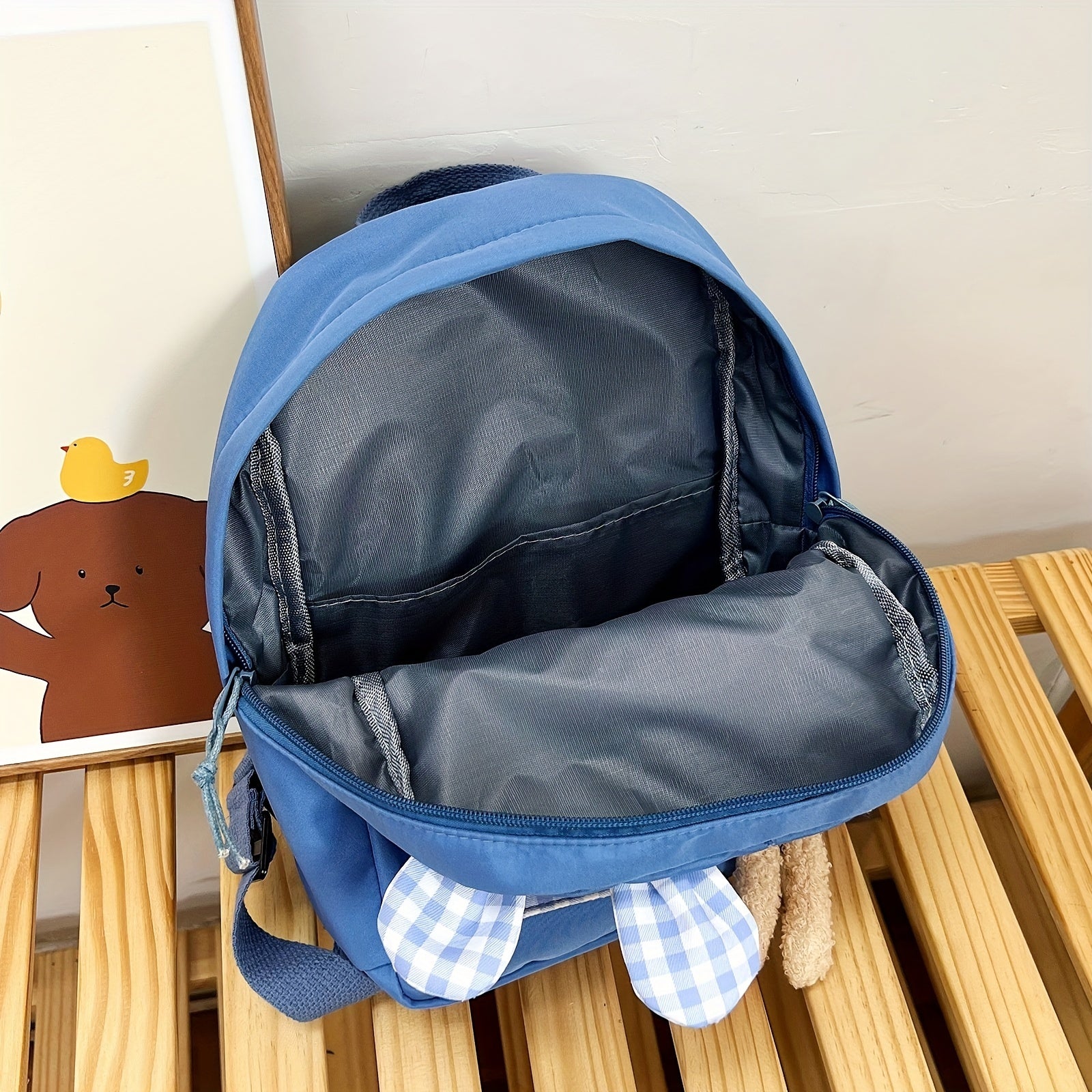Kids Cartoon Rabbit Plaid Backpack With Teddy Bear Plush