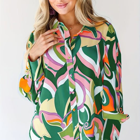 Casual Blouse Women's Plus Random Print Lantern Sleeve Button Up
