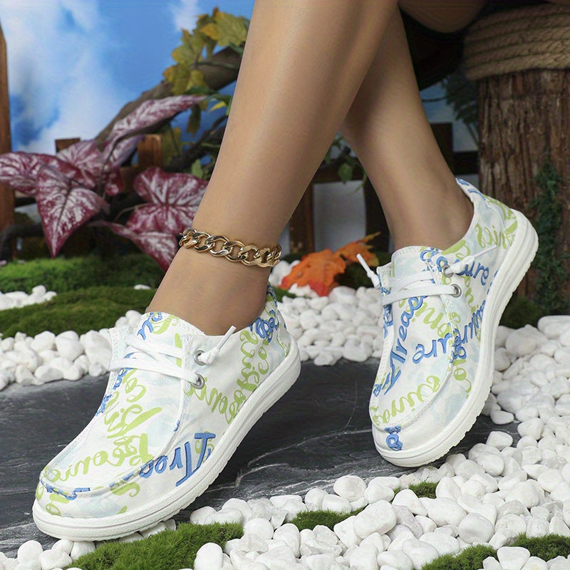 Women's Letter Printed Canvas Shoes Low Top Lace Up Flat Sneakers