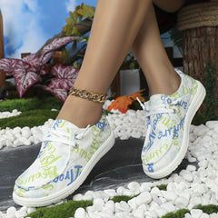 Women's Letter Printed Canvas Shoes Low Top Lace Up Flat Sneakers