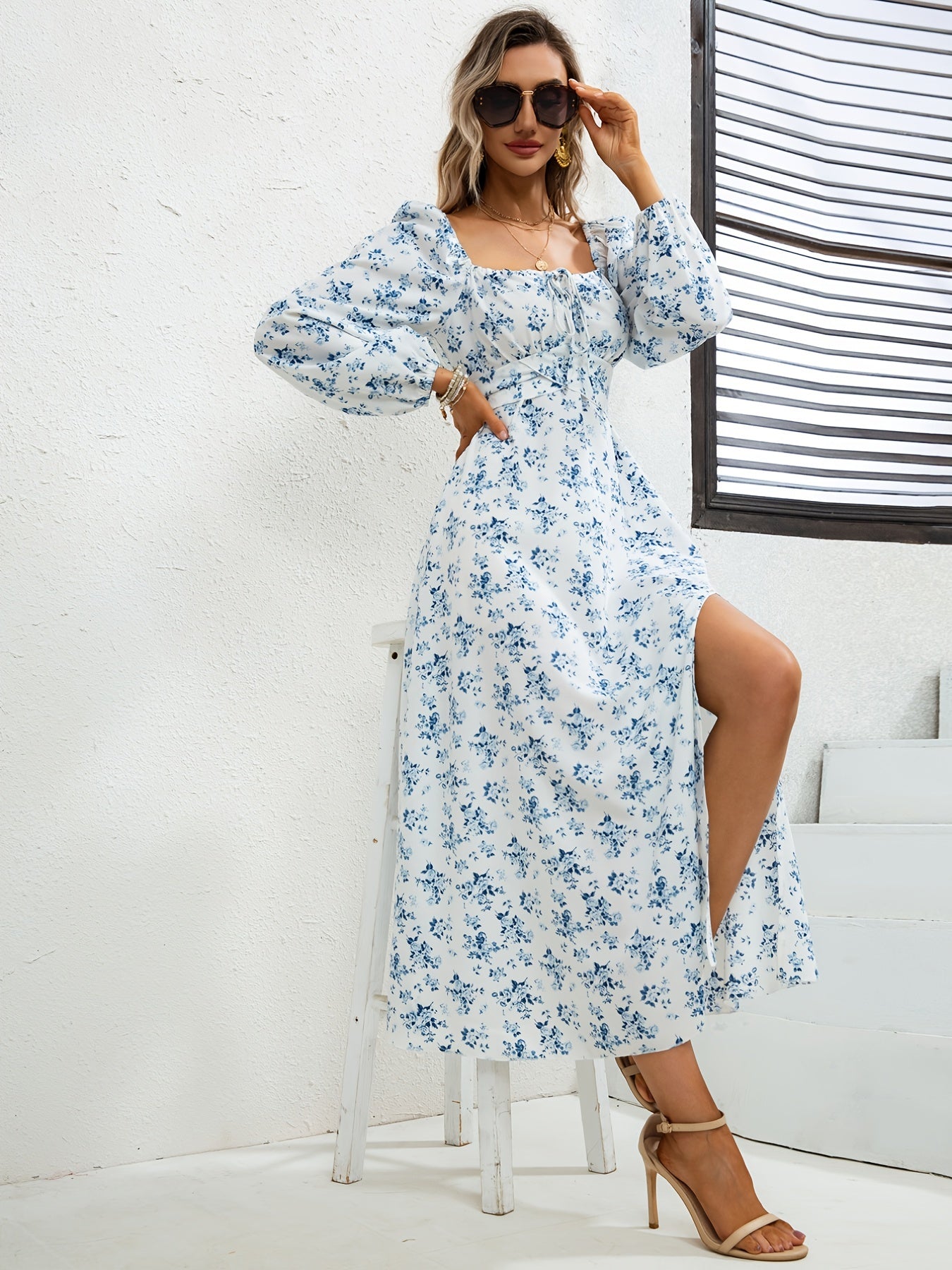 Floral Print Tie Back Dress Square Neck Long Sleeve Split Dress