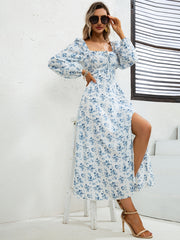 Floral Print Tie Back Dress Square Neck Long Sleeve Split Dress