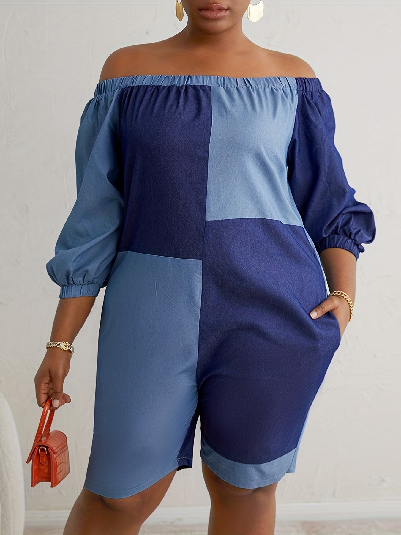 Colorblock Off Shoulder Lantern Sleeve Romper