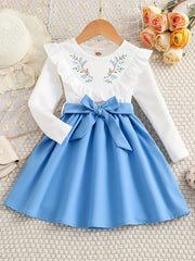 Girls Ruffled Splicing Dress With Belt Long Sleeves Round Neck Flowers Print Pri