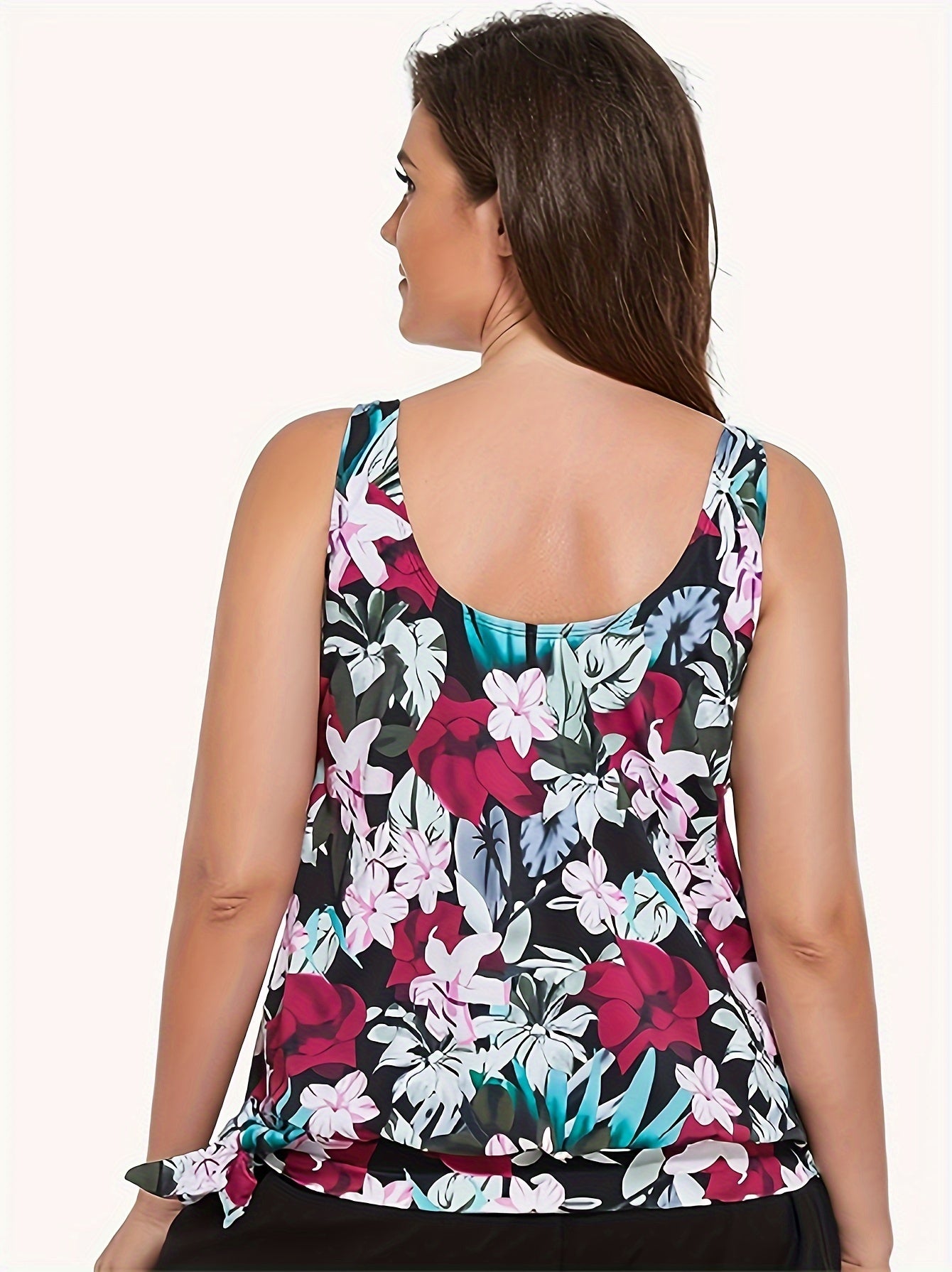 Floral Print Tankini Top Round Neck Knot Side Swimwear