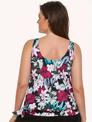 Floral Print Tankini Top Round Neck Knot Side Swimwear