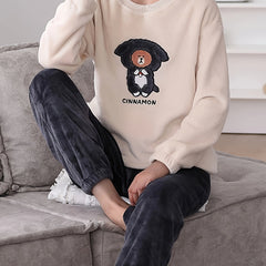 Bear Print Fuzzy Lounge Set Long Sleeve Top & Elastic Waistband Pants
