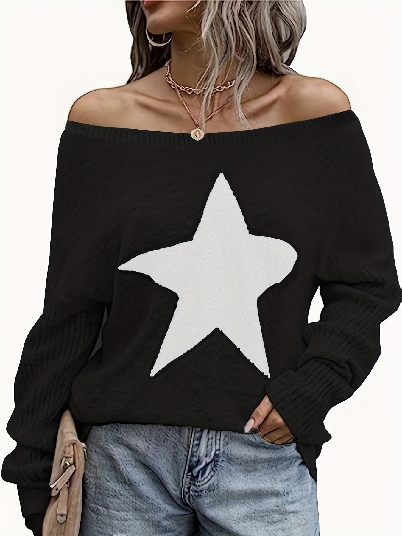 Star Pattern Crew Neck Pullover Sweater for Women