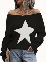 Star Pattern Crew Neck Pullover Sweater for Women