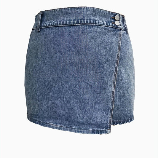 High Rise Denim Skort Elastic Button Decor