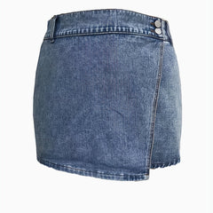 High Rise Denim Skort Elastic Button Decor