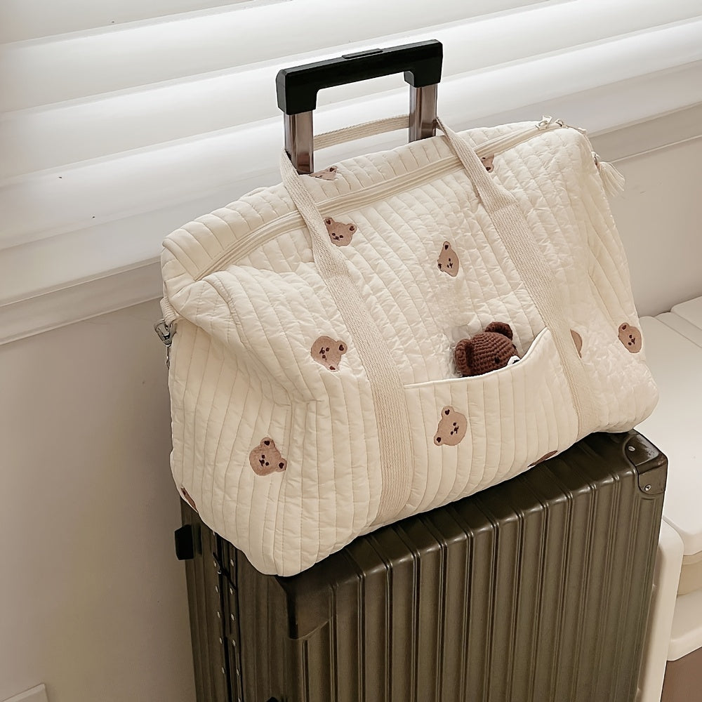 Quilted Diaper Bag with Bear Embroidery Lightweight Travel Tote & Handbag