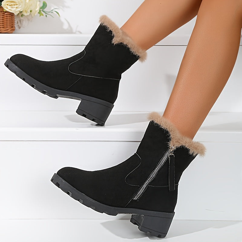 Thick Snow Boots Plush Lined Thermal Chunky Heels Non Slip Outdoor Walking Boots