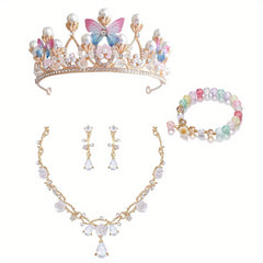 Kids Princess Crown Jewelry Set Butterfly Headpieces Flower Earrings Necklace