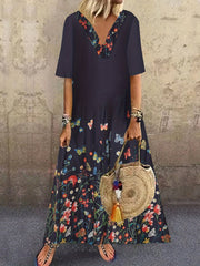Floral Print V Neck Maxi Dress