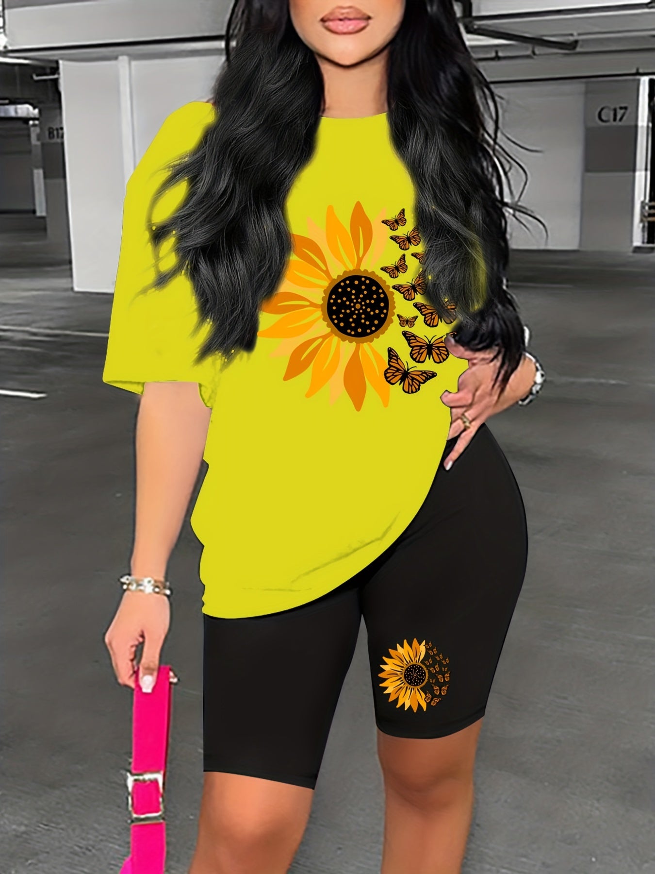 Flower & Butterfly Lounge Set Short Sleeve Top & Cozy Shorts