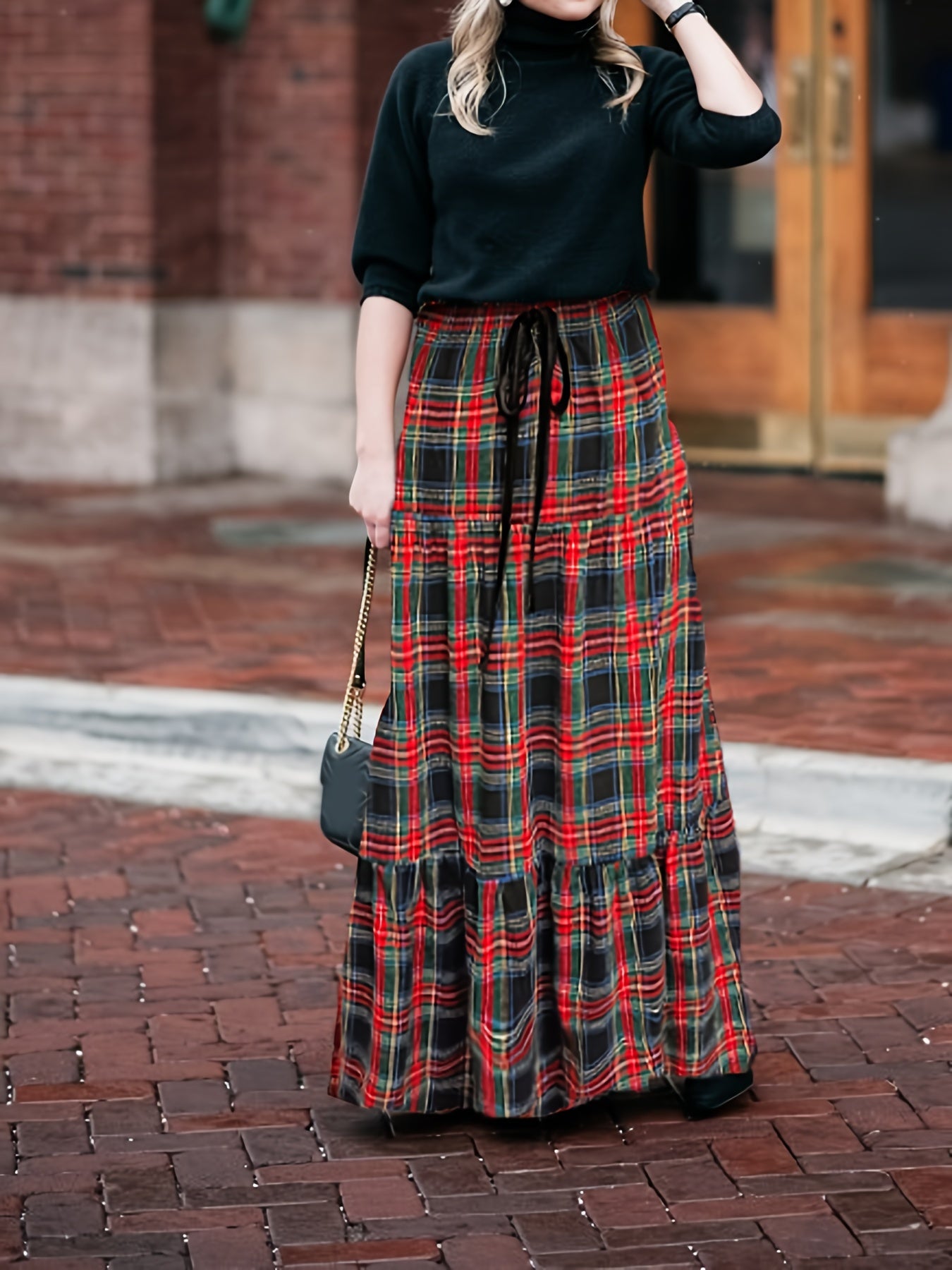Plaid Print Drawstring Maxi Skirt