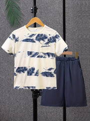Boys Leaf Graphic Pocket T Shirts & Shorts Set Kids Summer Clothes