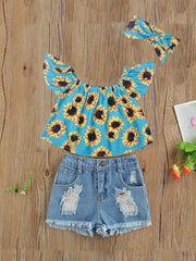 Girls Off Shoulder Sunflower Top & Denim Shorts Set for Summer