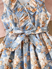 Toddler Girls Sleeveless Ruffle Trim Flowers Graphic Princess Dress