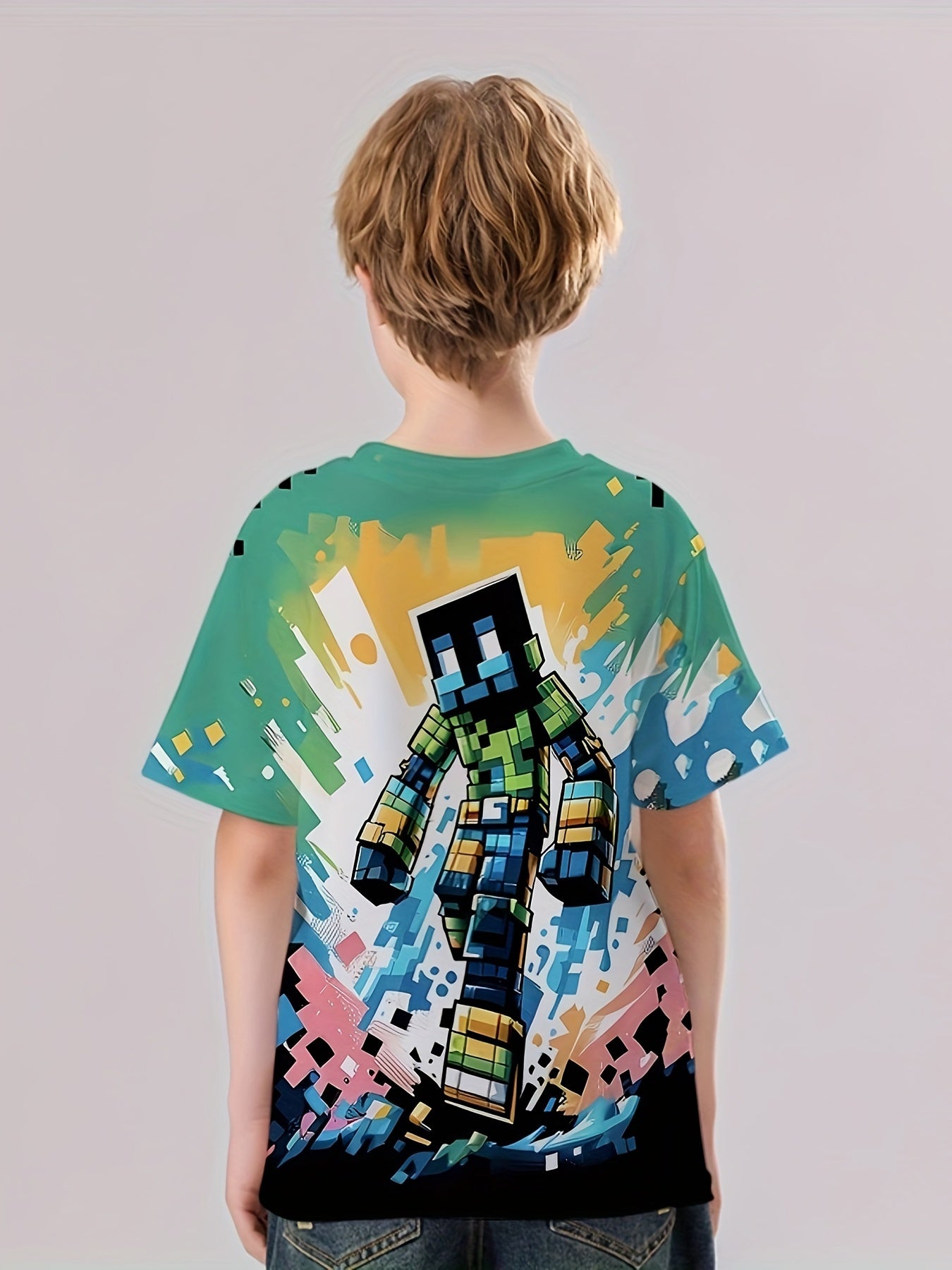 Building Block Man 3D Print Boy's Casual Tees Short Sleeve Crew Neck