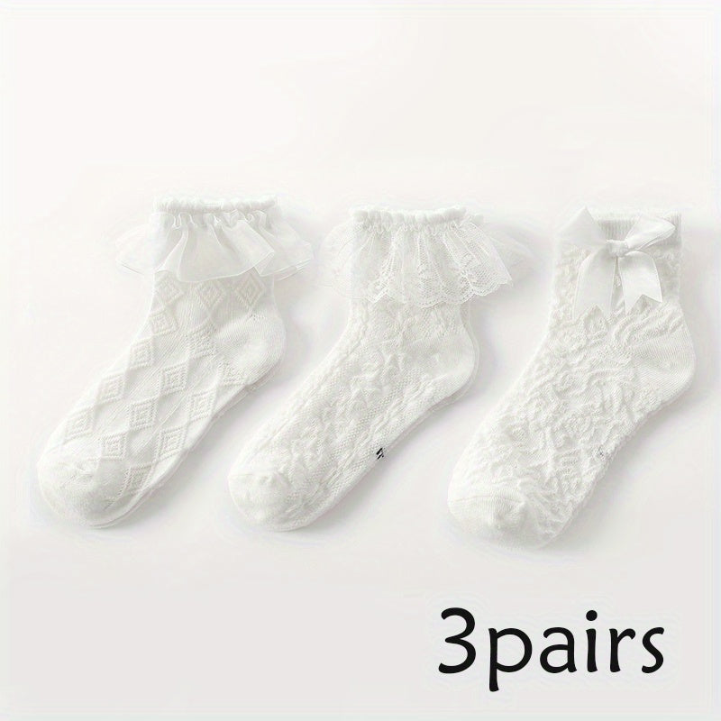 3 Pairs Children's Socks Breathable Girl Princess Lace Ruffled Bow Dance Socks