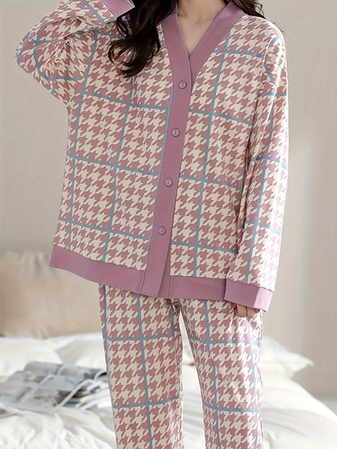 Houndstooth Print Pajama Set V Neck Top & Pants