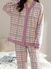 Houndstooth Print Pajama Set V Neck Top & Pants