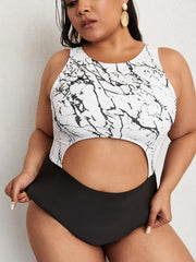 Colorblock Marble Print Cut Out One Piece Swimsuit Women's Plus