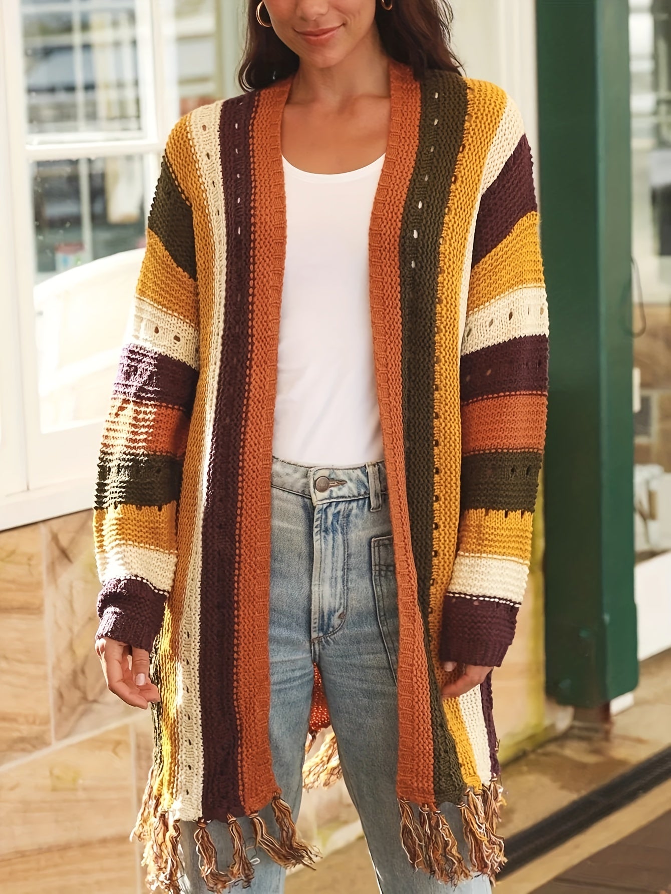 Colorblock Pointelle Tassel Trim Cardigan