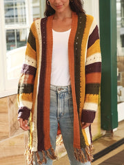 Colorblock Pointelle Tassel Trim Cardigan