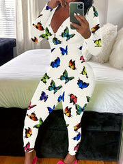 Butterfly Print Lounge Jumpsuit V Neck Long Sleeve Buttons Jumpsuit
