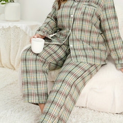 Plaid Pajama Set Women's Button Up Shirt & Pants