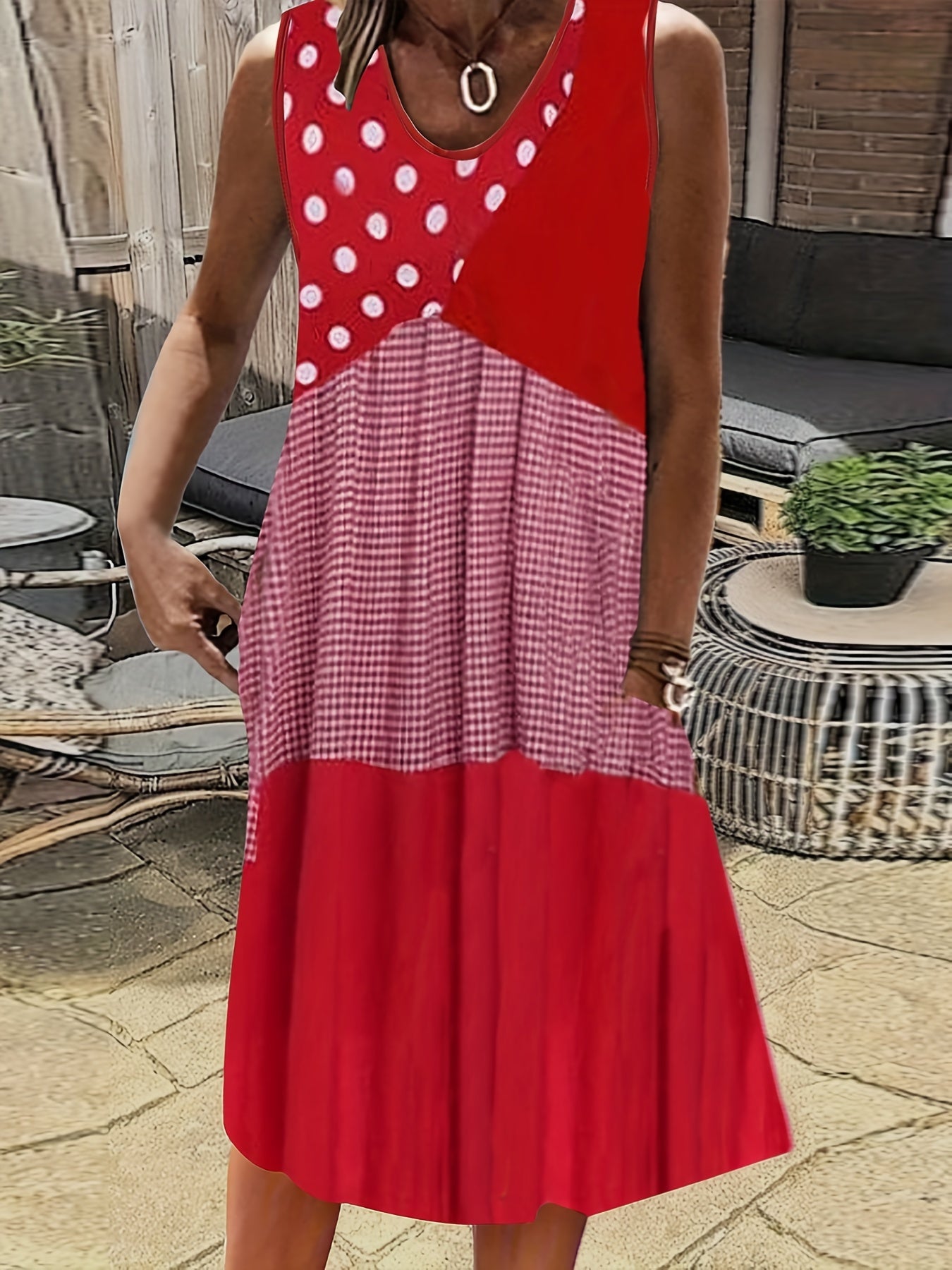 Colorblock Dot Print Tank Dress With Pockets