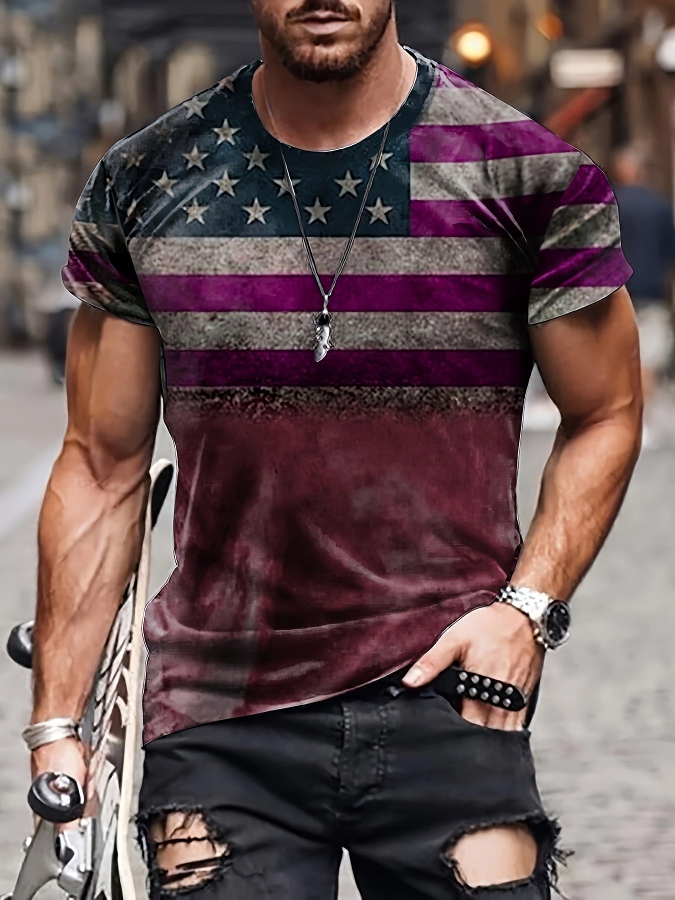 Flag Print T shirt Men's Casual Street Style Stretch Round Neck Tee Shirt