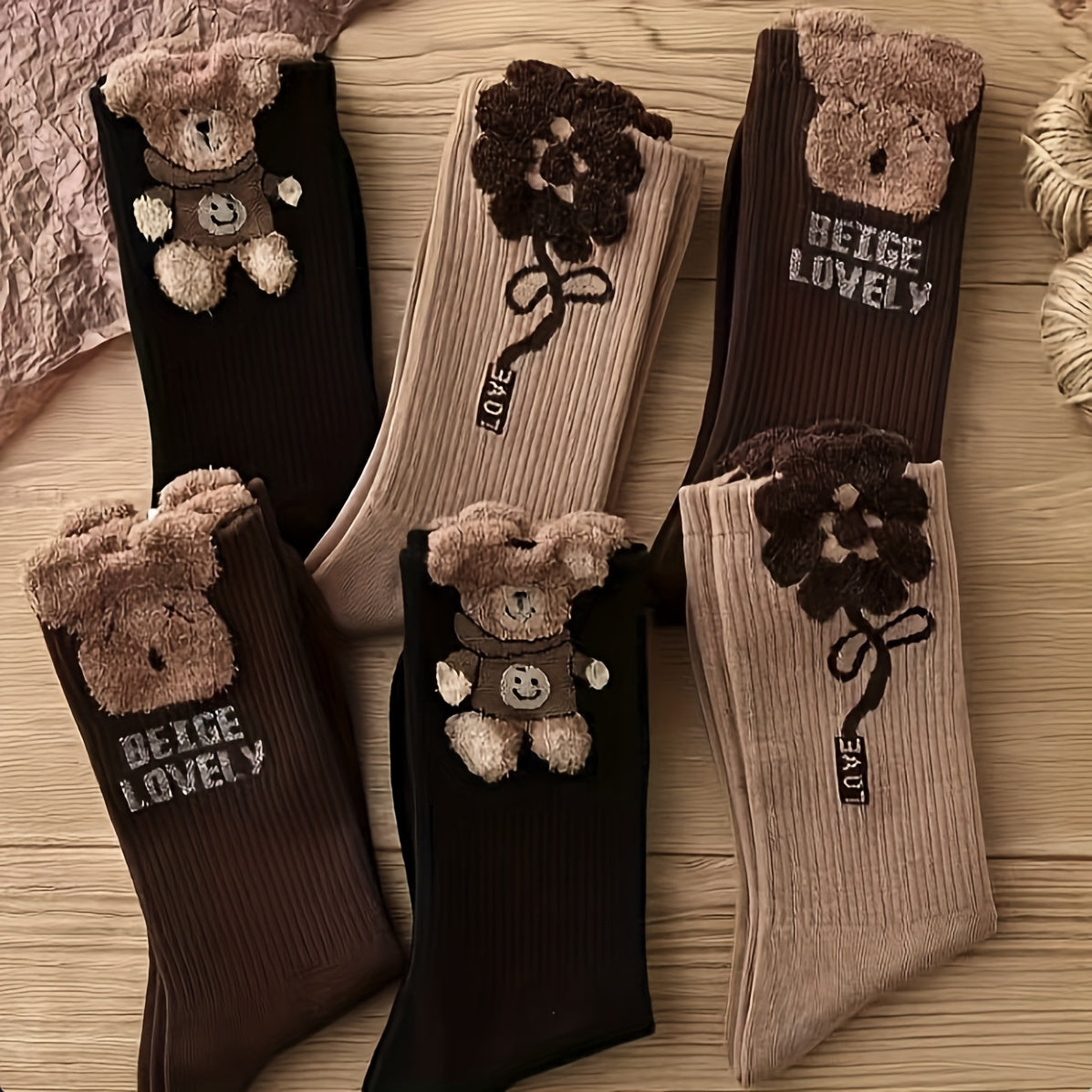 3 Pairs Bear Socks Autumn Winter Crew Socks