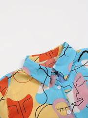 Colorblock Print Button Up Blouse