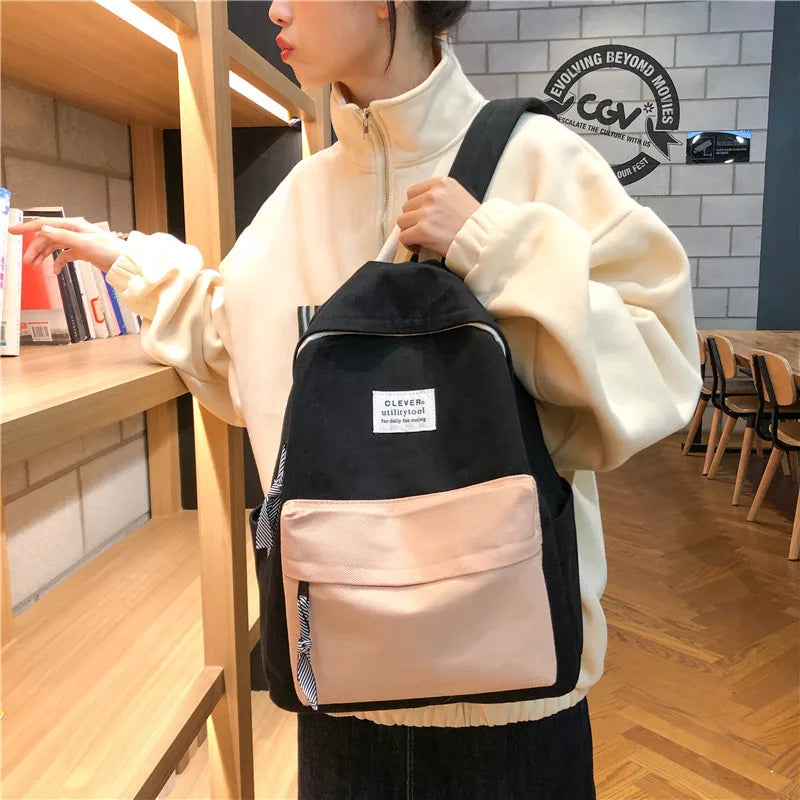 Colorful Stitching Canvas Backpack for Women and Girls