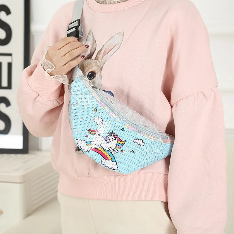 Sequins Glitter Women Fanny Pack Bag Unicorn Print Pouch