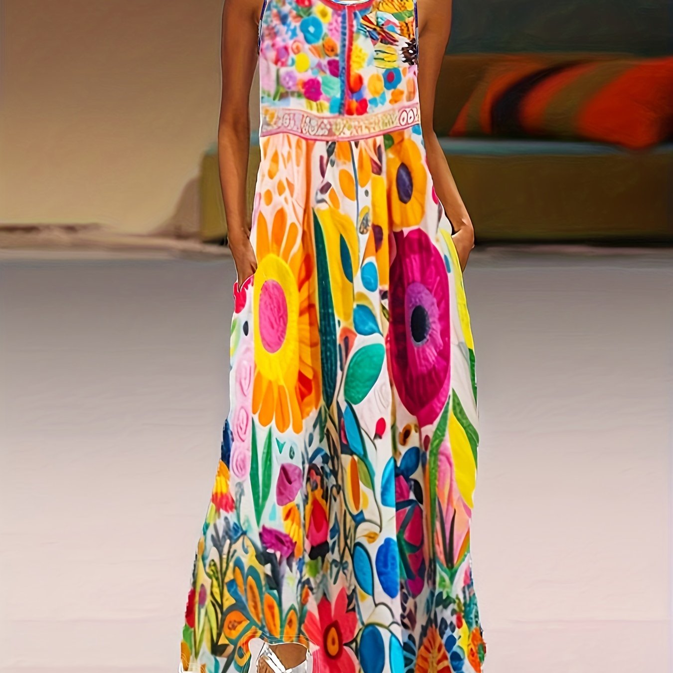 Casual Tank Dress Women's Plus Floral Print Maxi Tank Dress